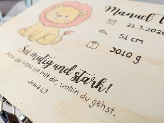 Erinnerungskoffer zur Geburt mit Name & Geburtsdaten | Personalisierte Babykiste mit Bibelvers
