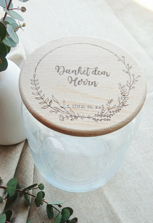Vorratsglas mit Holzdeckel „Danket dem Herrn“