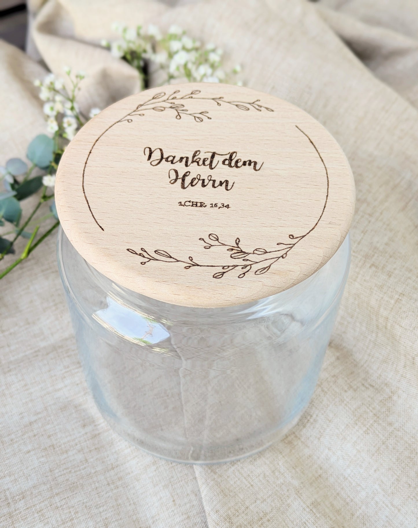 Vorratsglas mit Holzdeckel „Danket dem Herrn“