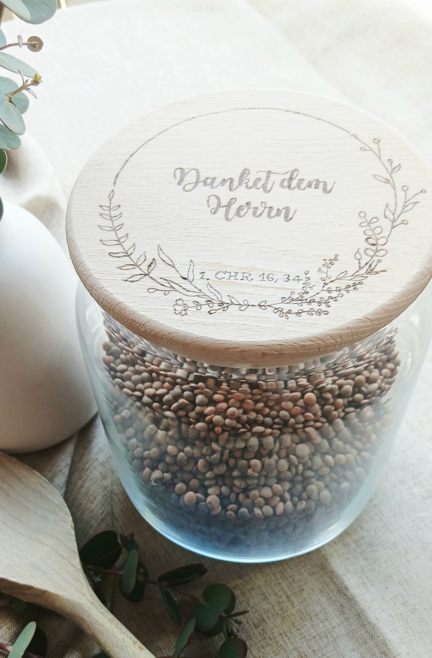 Vorratsglas mit Holzdeckel „Danket dem Herrn“