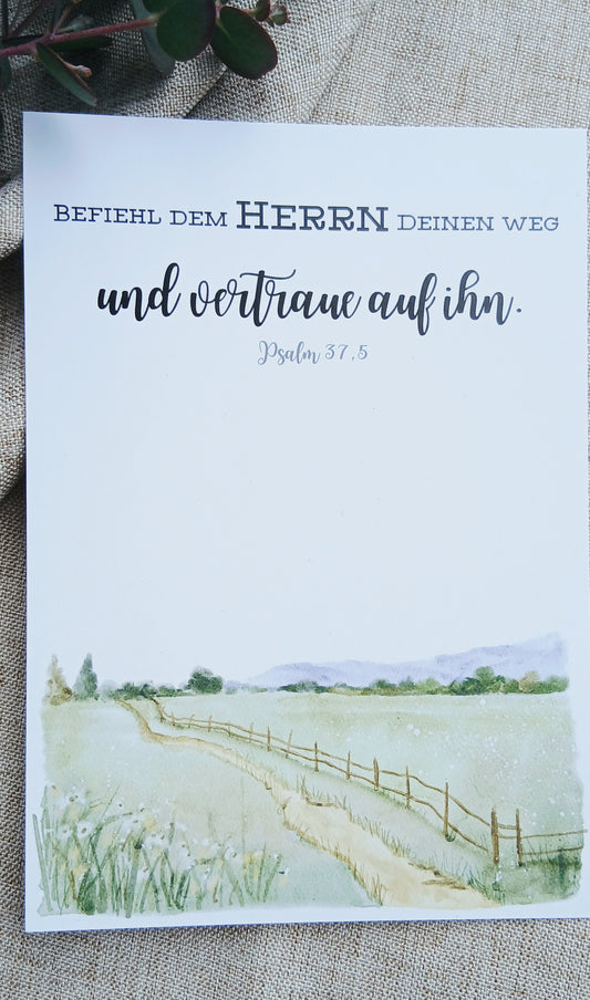 Postkarte „Befiehl dem Herrn deinen Weg“ – Psalm 37,5 | Aquarellkarte A6 mit Bibelvers