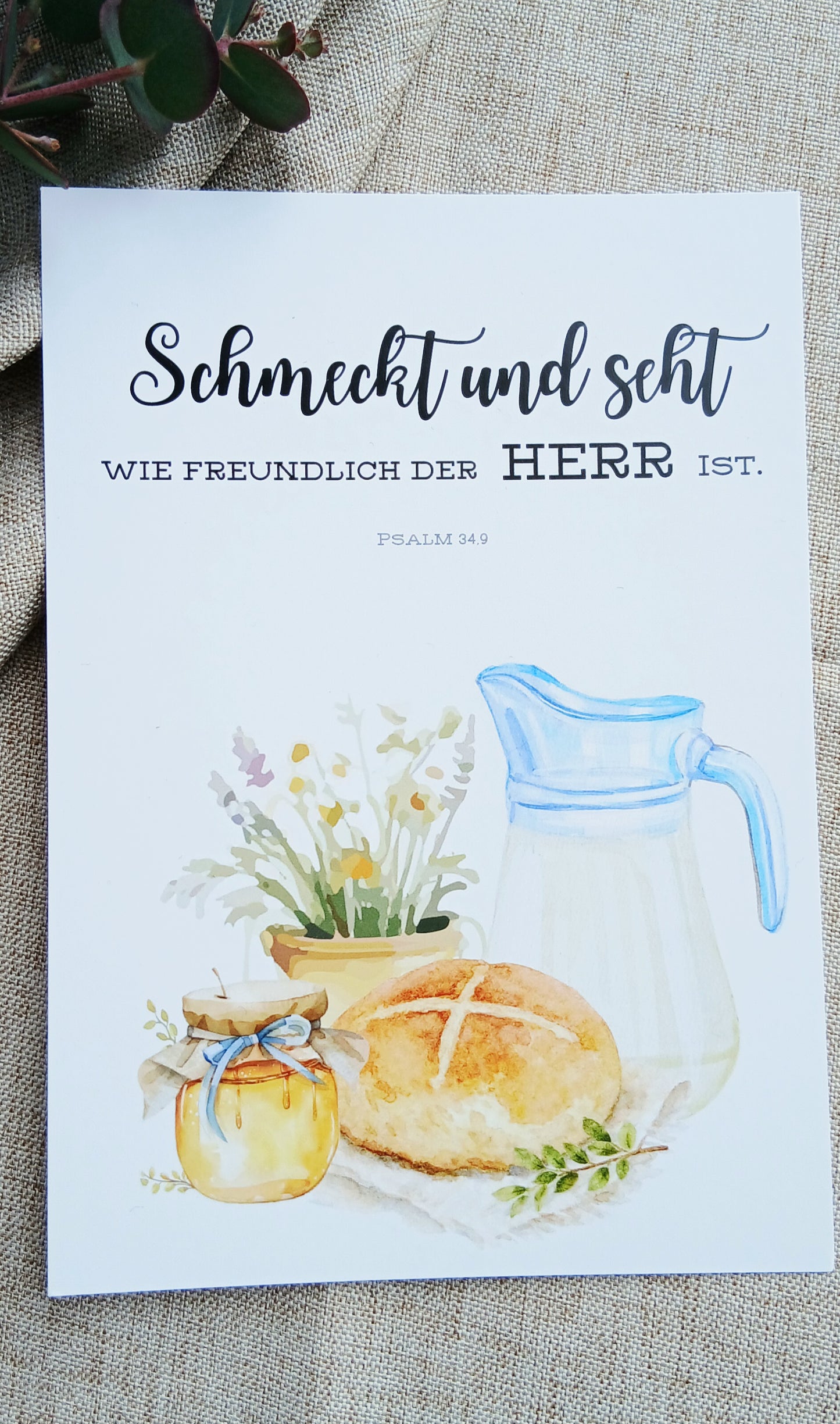 Postkarte „Schmeckt und seht“ – Psalm 34,9 | Aquarellkarte A6 mit Bibelvers