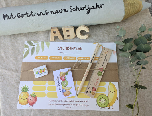 Personalisiertes Einschulungs-Set mit Bibelvers I Stundenplan, Holzlineal & Jumbo-Bleistift