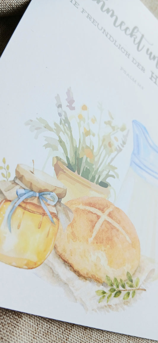 Postkarte „Schmeckt und seht“ – Psalm 34,9 | Aquarellkarte A6 mit Bibelvers